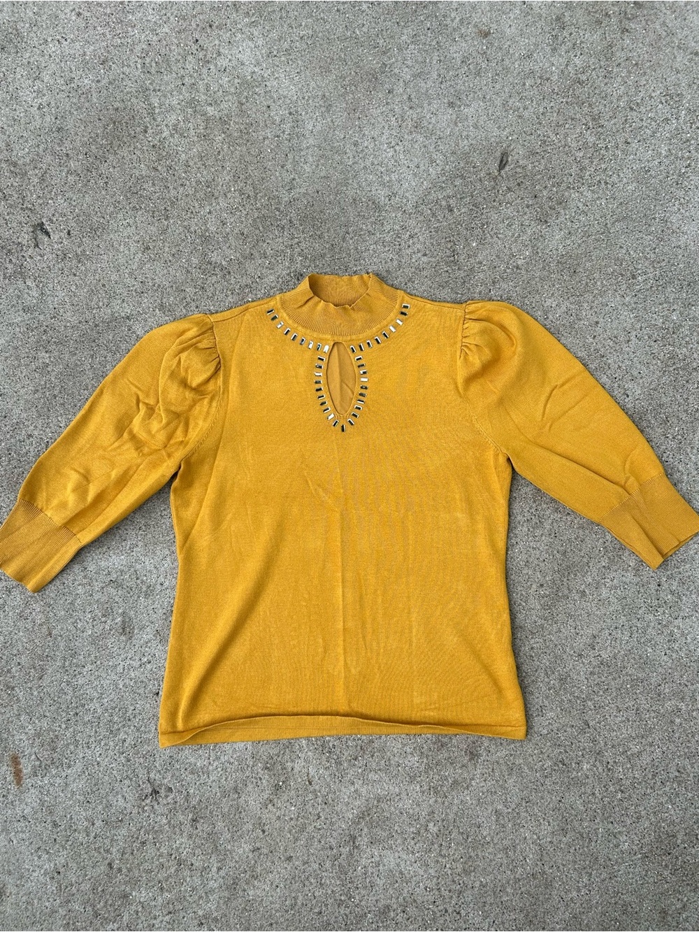 Embellished Mustard Keyhole Knit Blouse